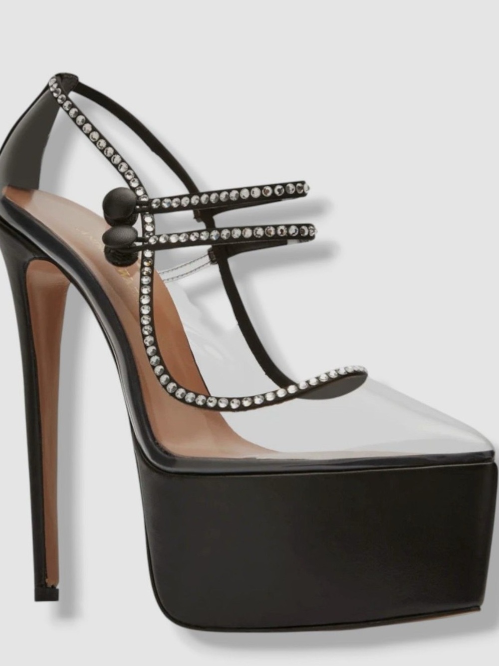 Black Platform Stiletto Heels with Clear Upper and Crystal-Strap Detail